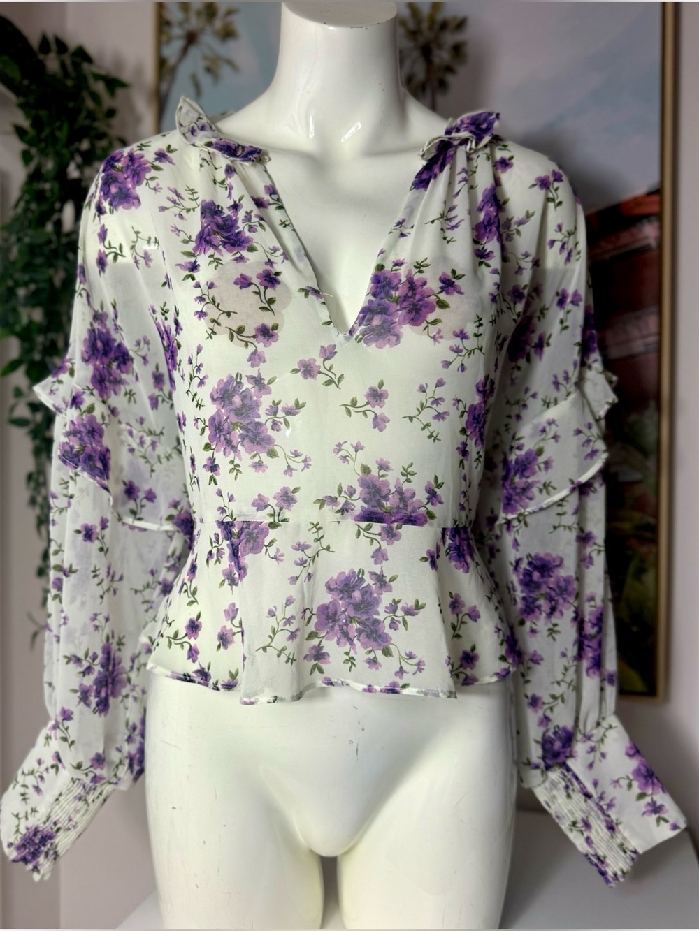 Zara White Purple Floral Blouse Size Large Sheer Ruffle Long Sleeve Boho Top